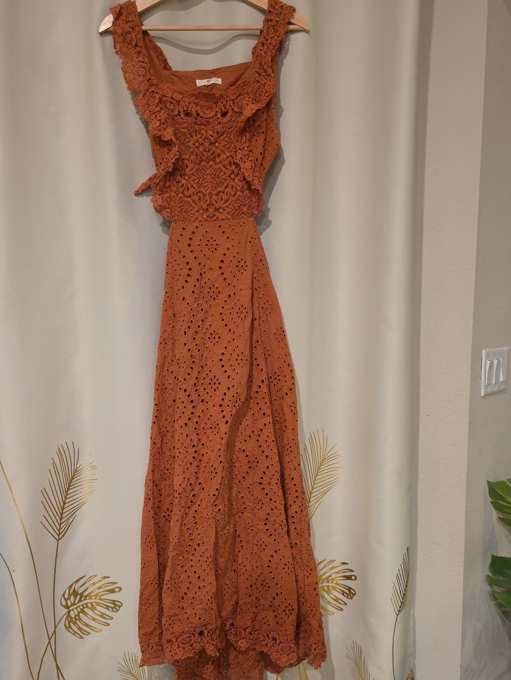 Nightcap Rust Eyelet Crochet Maxi Dress